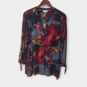 Habitat Clothing Womens Large Floral Abstract Button Front Tunic Top Purple Gray